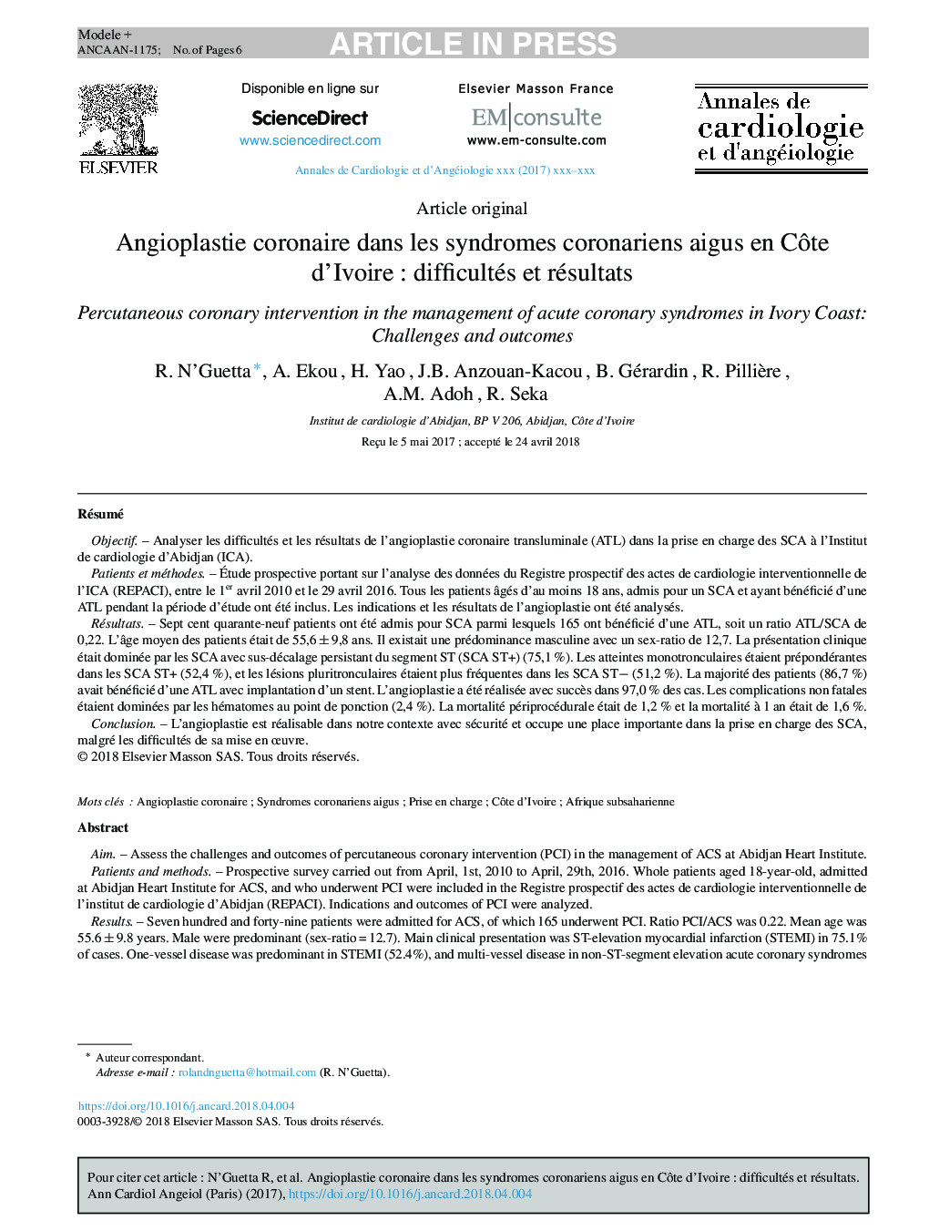 Angioplastie coronaire dans les syndromes coronariens aigus en CÃ´te d'IvoireÂ : difficultés et résultats
