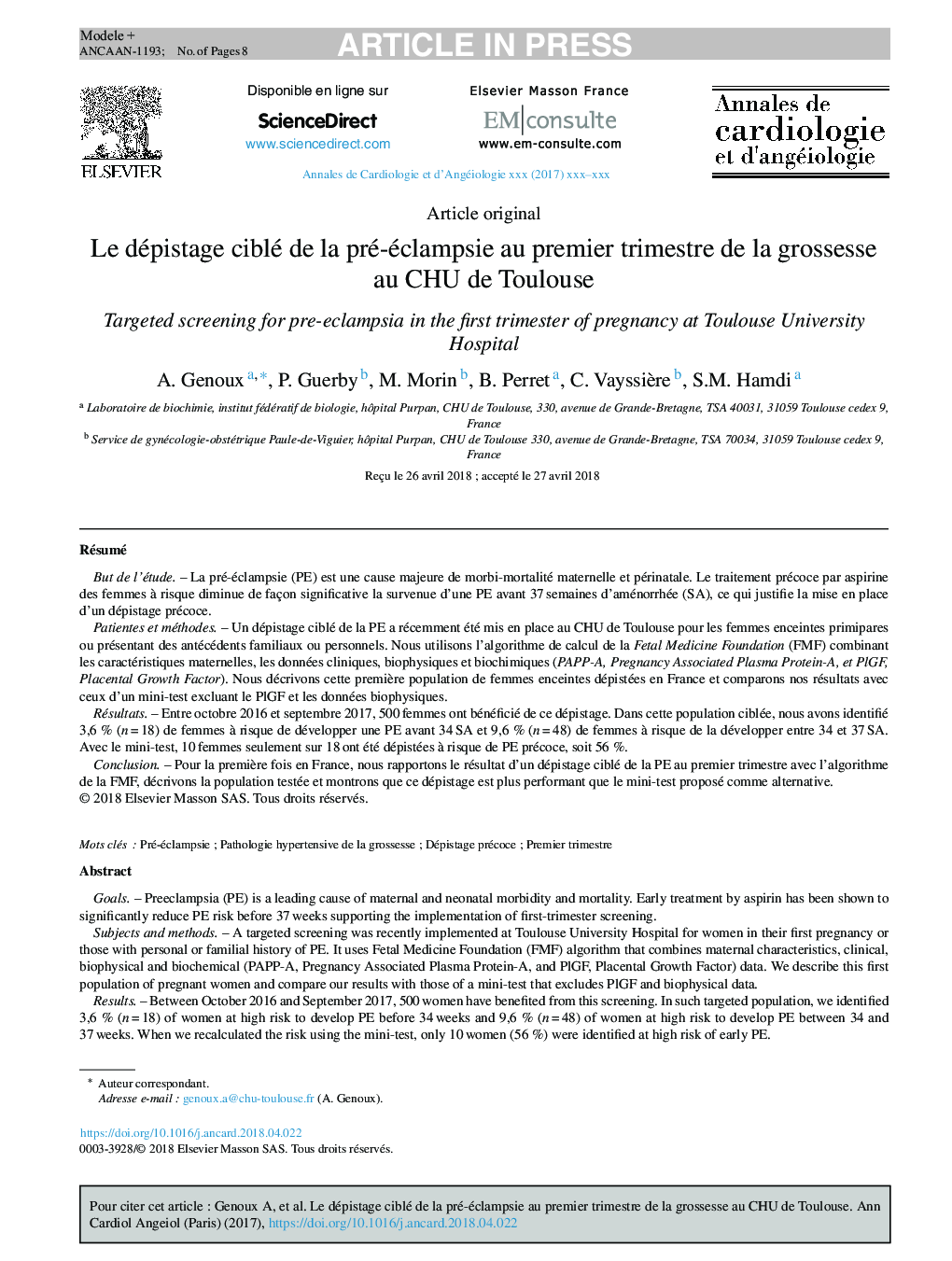 Le dépistage ciblé de la pré-éclampsie au premier trimestre de la grossesse au CHU de Toulouse