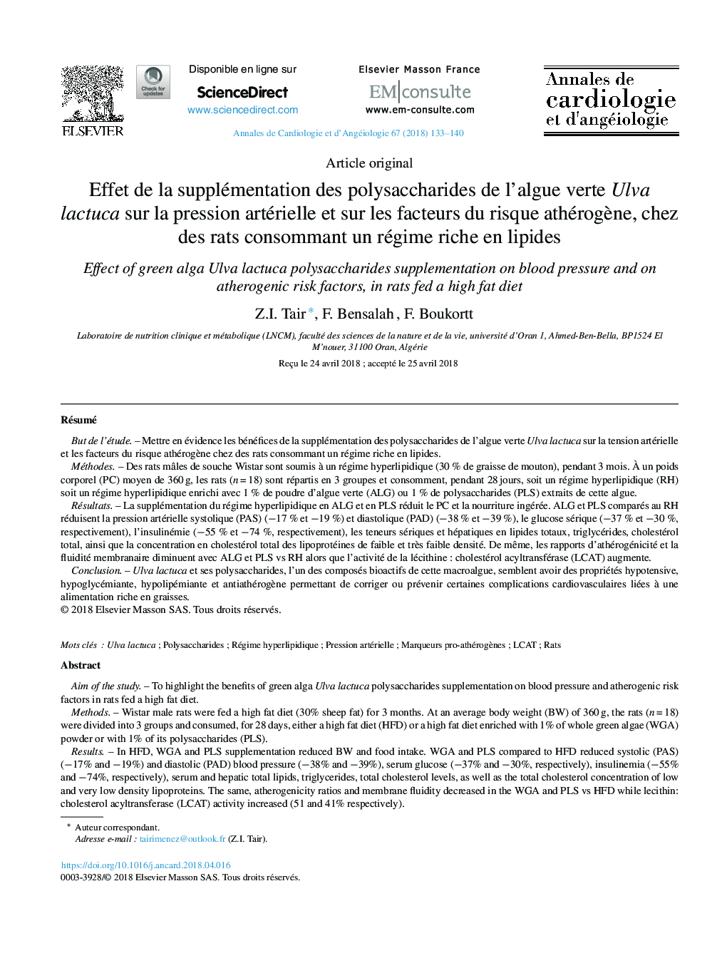 Effet de la supplémentation des polysaccharides de l'algue verte Ulva lactuca sur la pression artérielle et sur les facteurs du risque athérogÃ¨ne, chez des rats consommant un régime riche en lipides