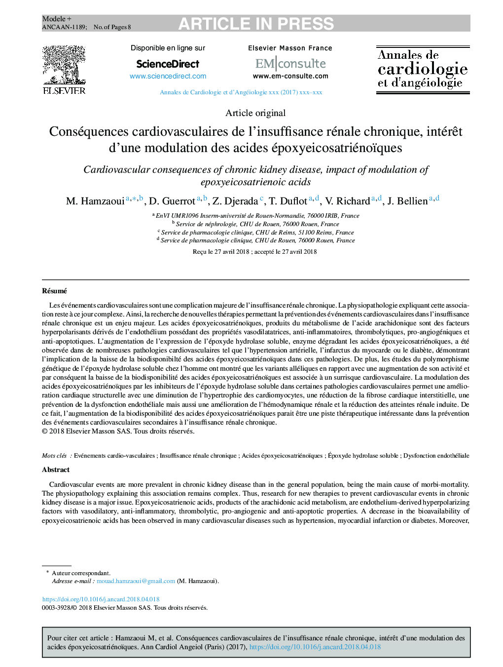 Conséquences cardiovasculaires de l'insuffisance rénale chronique, intérÃªt d'une modulation des acides époxyeicosatriénoïques