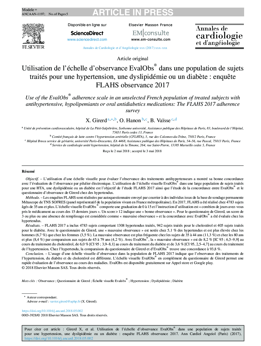 Utilisation de l'échelle d'observance EvalObs® dans une population de sujets traités pour une hypertension, une dyslipidémie ou un diabÃ¨teÂ : enquÃªte FLAHS observance 2017