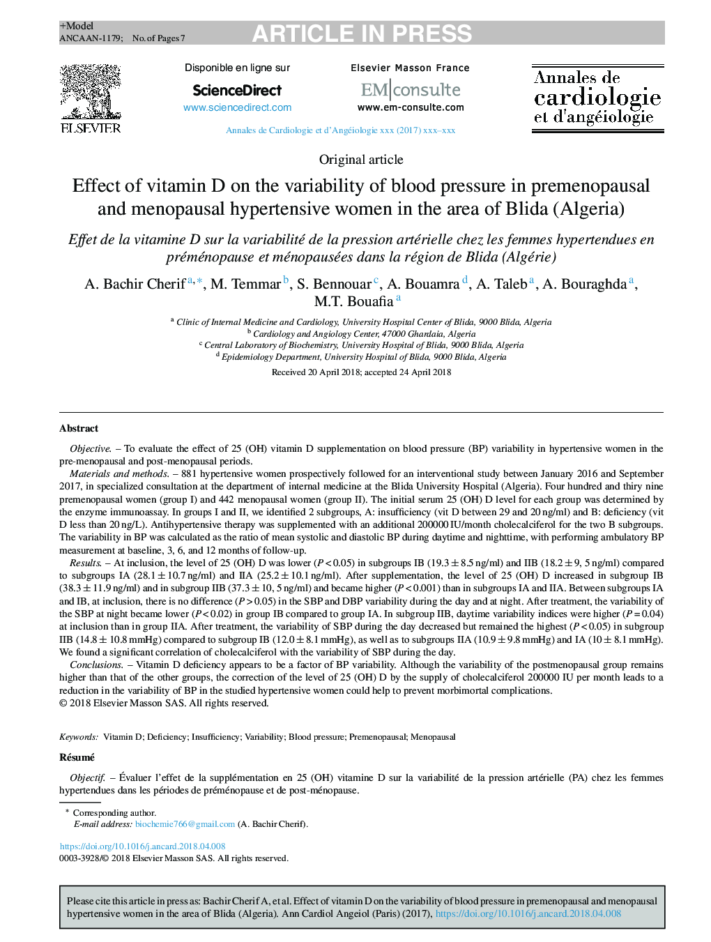 Effect of vitamin D on the variability of blood pressure in premenopausal and menopausal hypertensive women in the area of Blida (Algeria)