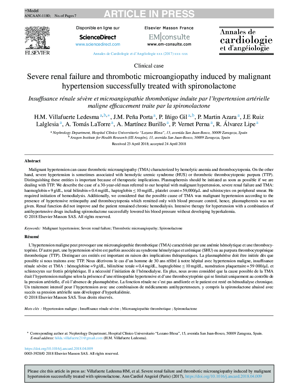 Severe renal failure and thrombotic microangiopathy induced by malignant hypertension successfully treated with spironolactone