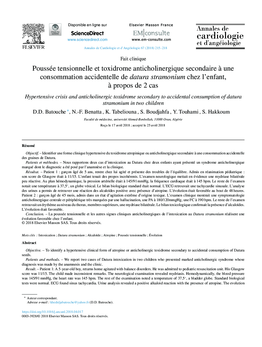 Poussée tensionnelle et toxidrome anticholinergique secondaire Ã  une consommation accidentelle de datura stramonium chez l'enfant, Ã  propos de 2Â cas