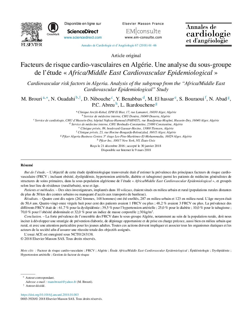 Facteurs de risque cardio-vasculaires en Algérie. Une analyse du sous-groupe de l'étude Â«Â Africa/Middle East Cardiovascular EpidemiologicalÂ Â»