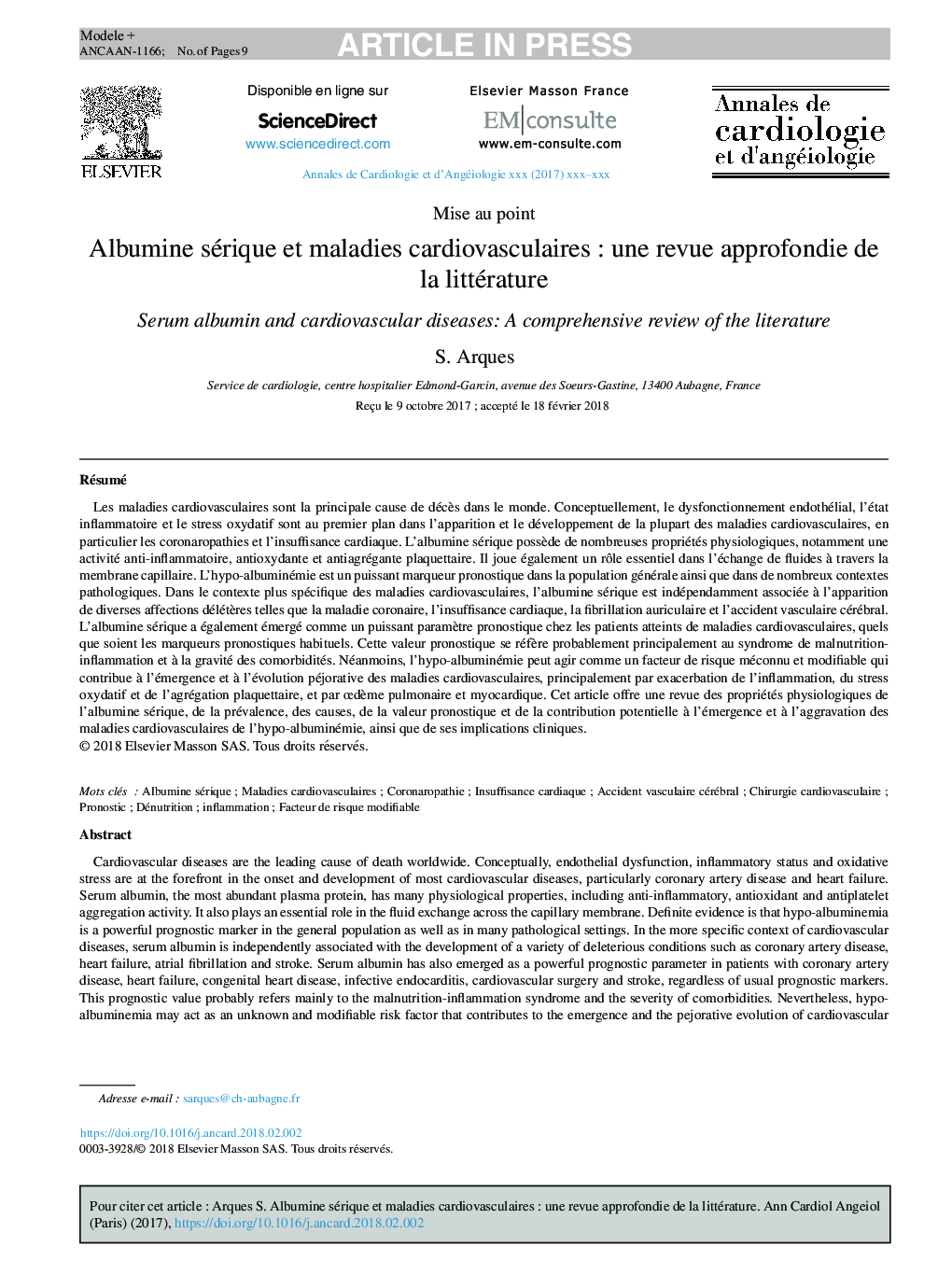 Albumine sérique et maladies cardiovasculairesÂ : une revue approfondie de la littérature