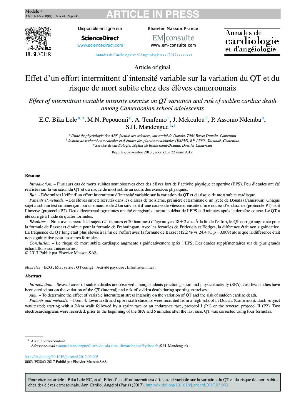 Effet d'un effort intermittent d'intensité variable sur la variation du QT et du risque de mort subite chez des élÃ¨ves camerounais