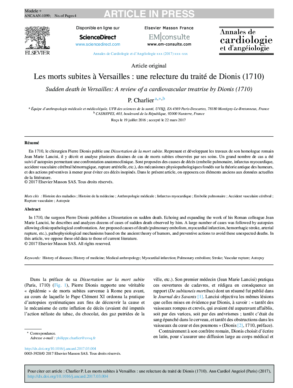 Les morts subites Ã  VersaillesÂ : une relecture du traité de Dionis (1710)