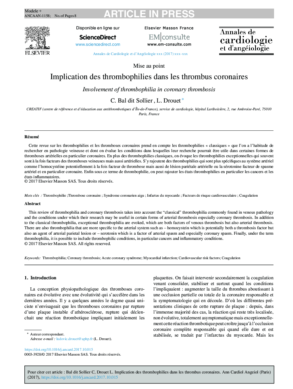 Implication des thrombophilies dans les thrombus coronaires