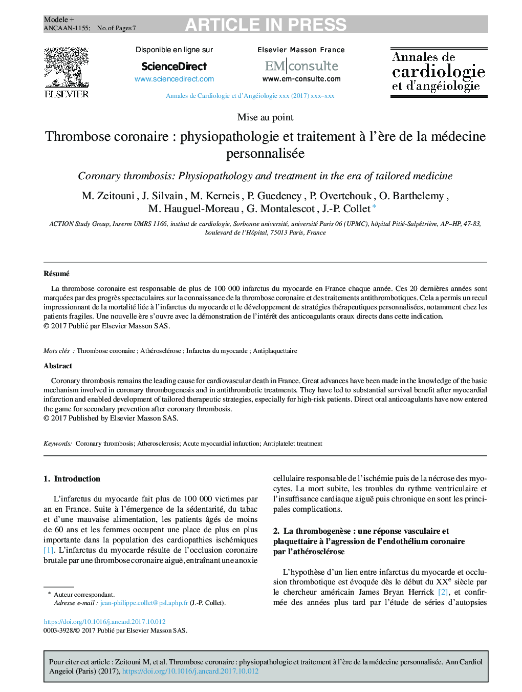 Thrombose coronaireÂ : physiopathologie et traitement Ã  l'Ã¨re de la médecine personnalisée