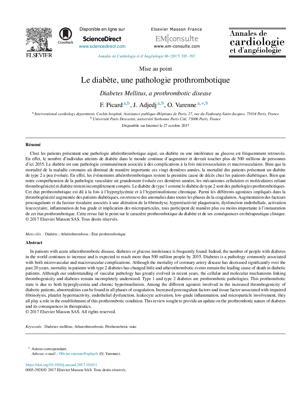 Le diabÃ¨te, une pathologie prothrombotique