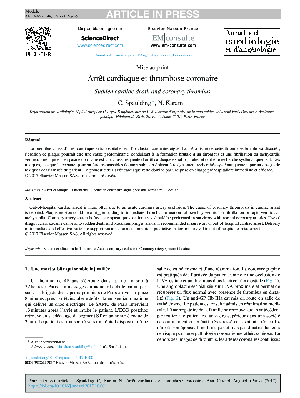 ArrÃªt cardiaque et thrombose coronaire