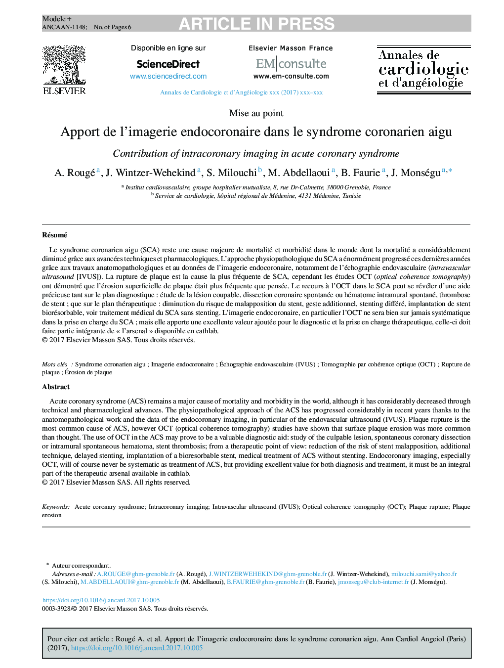 Apport de l'imagerie endocoronaire dans le syndrome coronarien aigu