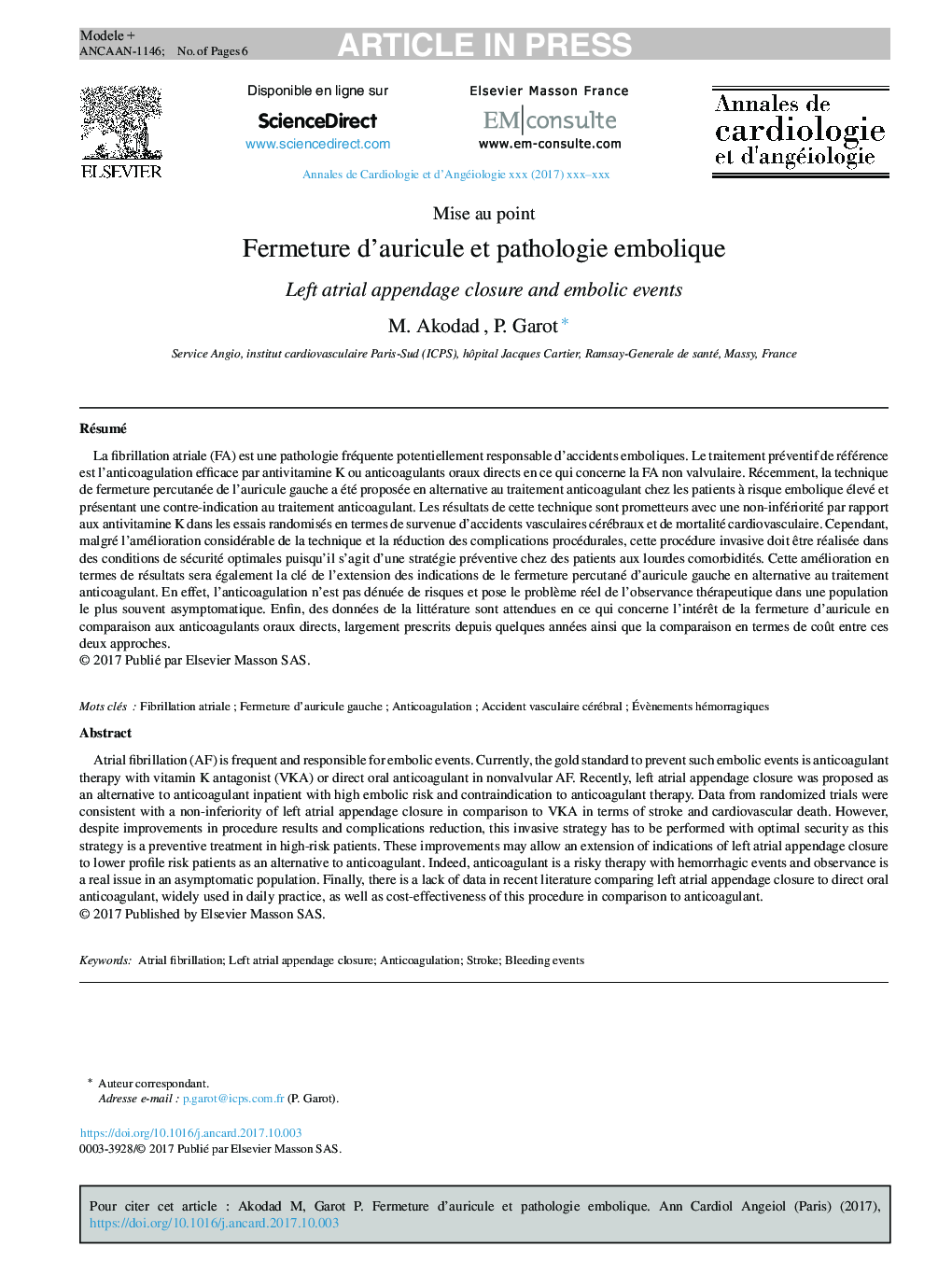 Fermeture d'auricule et pathologie embolique