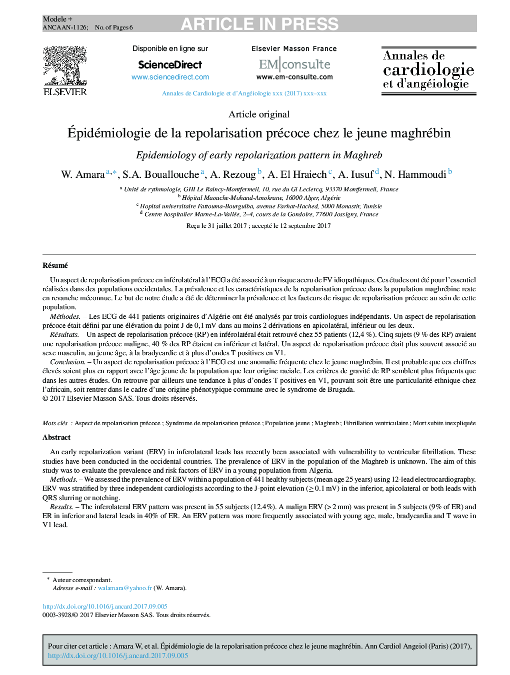 Ãpidémiologie de la repolarisation précoce chez le jeune maghrébin