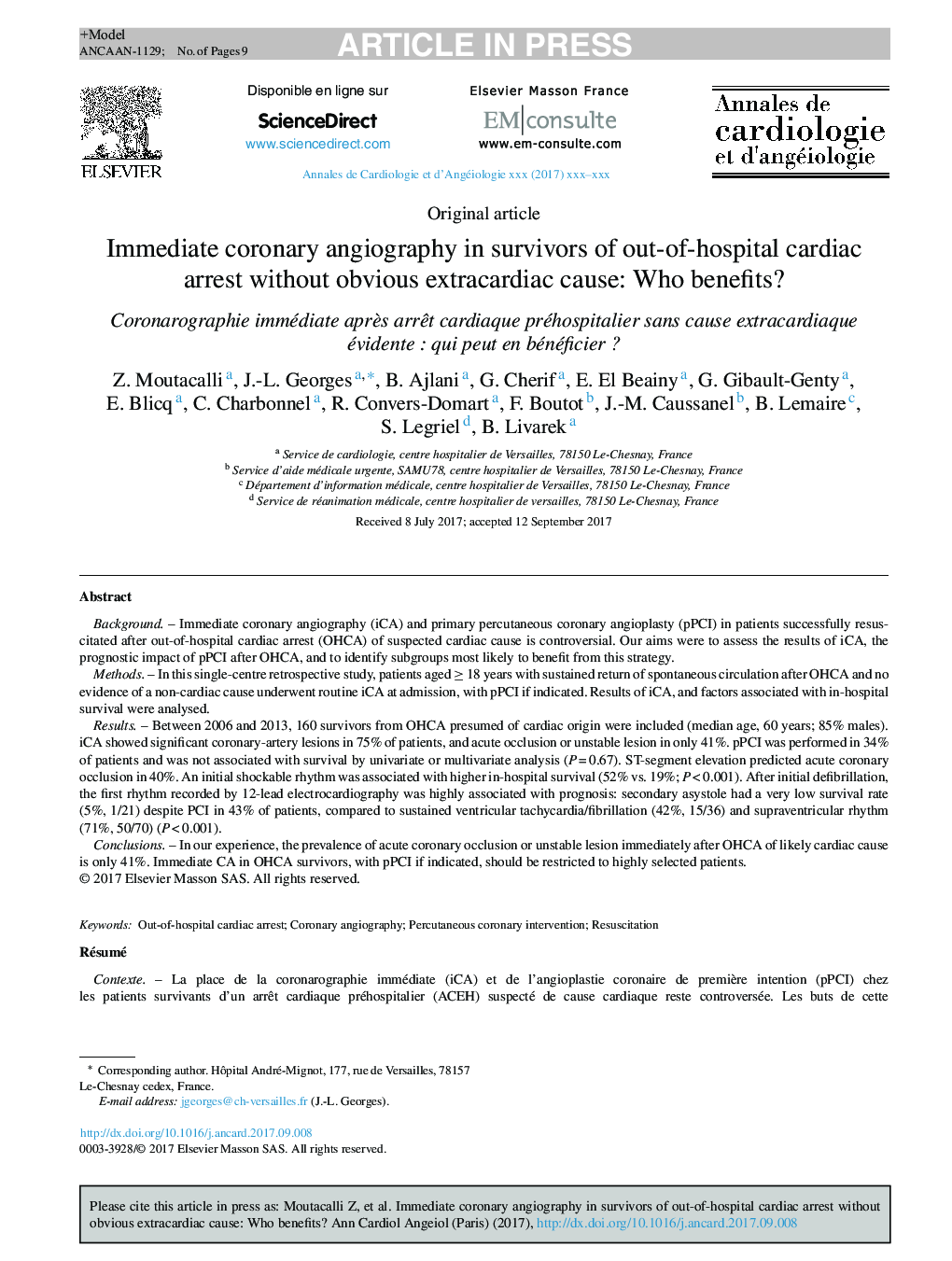 Immediate coronary angiography in survivors of out-of-hospital cardiac arrest without obvious extracardiac cause: Who benefits?