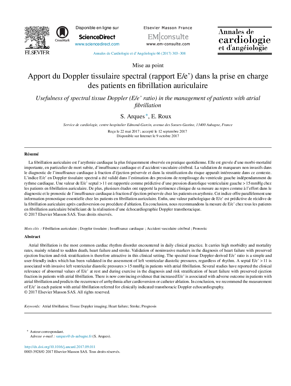 Apport du Doppler tissulaire spectral (rapport E/e') dans la prise en charge des patients en fibrillation auriculaire