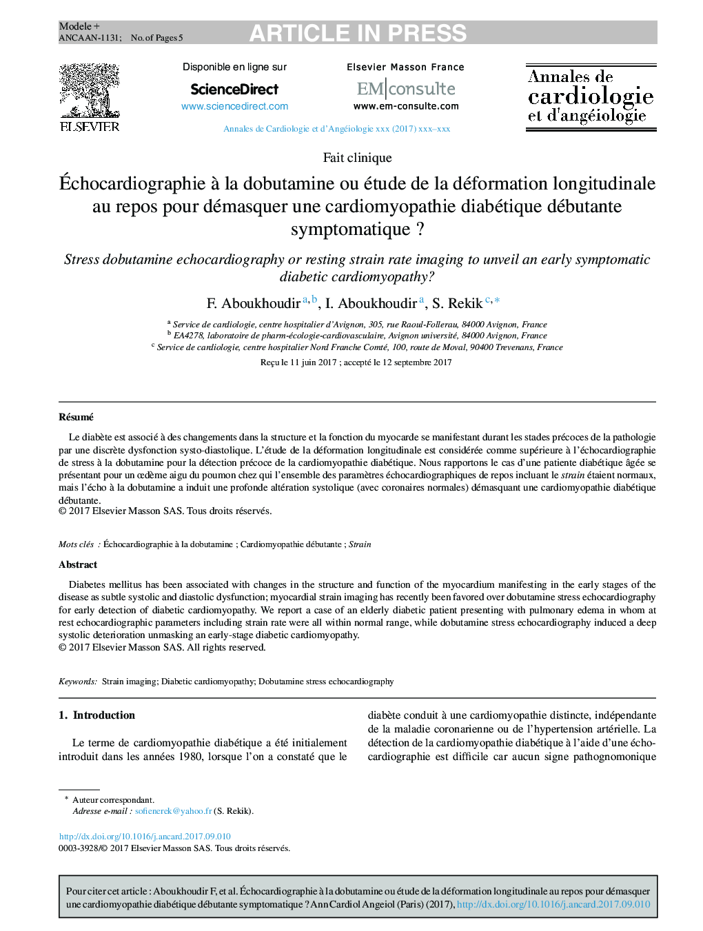 Ãchocardiographie Ã  la dobutamine ou étude de la déformation longitudinale au repos pour démasquer une cardiomyopathie diabétique débutante symptomatiqueÂ ?