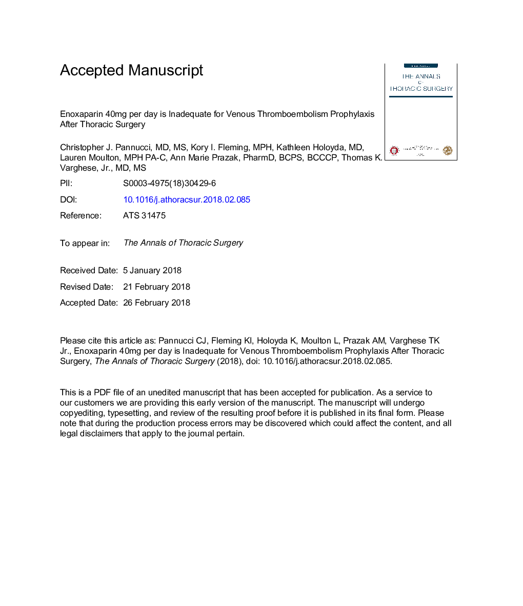 عکس صفحه اول مقاله: Enoxaparin 40 mg per Day Is Inadequate for Venous Thromboembolism Prophylaxis After Thoracic Surgical Procedure Enoxaparin 40 mg per Day Is Inadequate for Venous Thromboembolism Prophylaxis After Thoracic Surgical Procedure