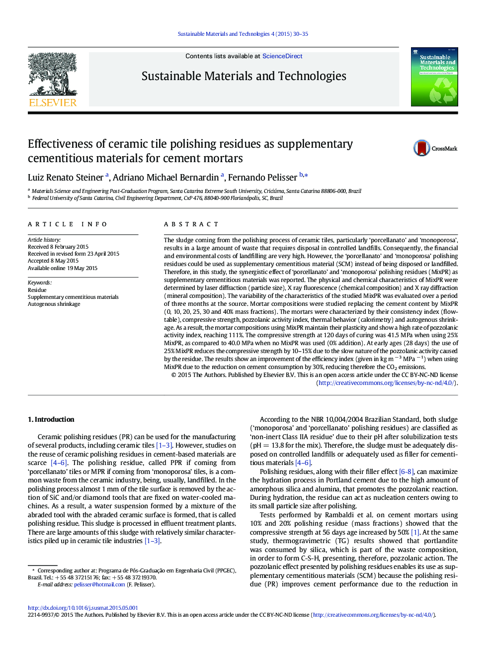 Effectiveness of ceramic tile polishing residues as supplementary cementitious materials for cement mortars