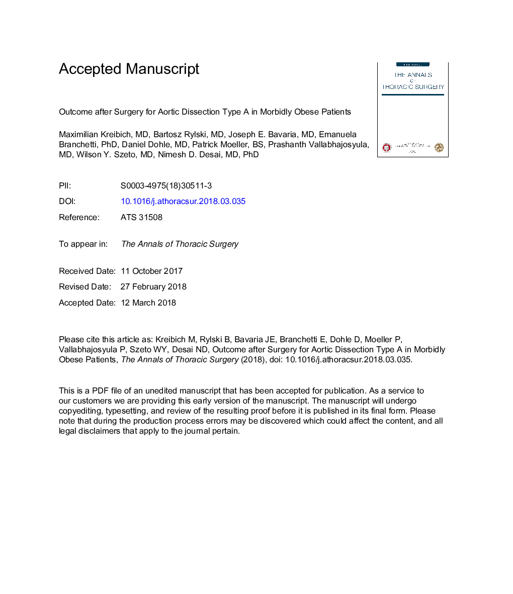 Outcome After Operation for Aortic Dissection Type A in Morbidly Obese Patients