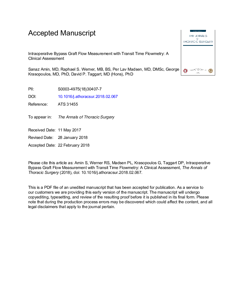 عکس صفحه اول مقاله: Intraoperative Bypass Graft Flow Measurement With Transit Time Flowmetry: A Clinical Assessment Intraoperative Bypass Graft Flow Measurement With Transit Time Flowmetry: A Clinical Assessment