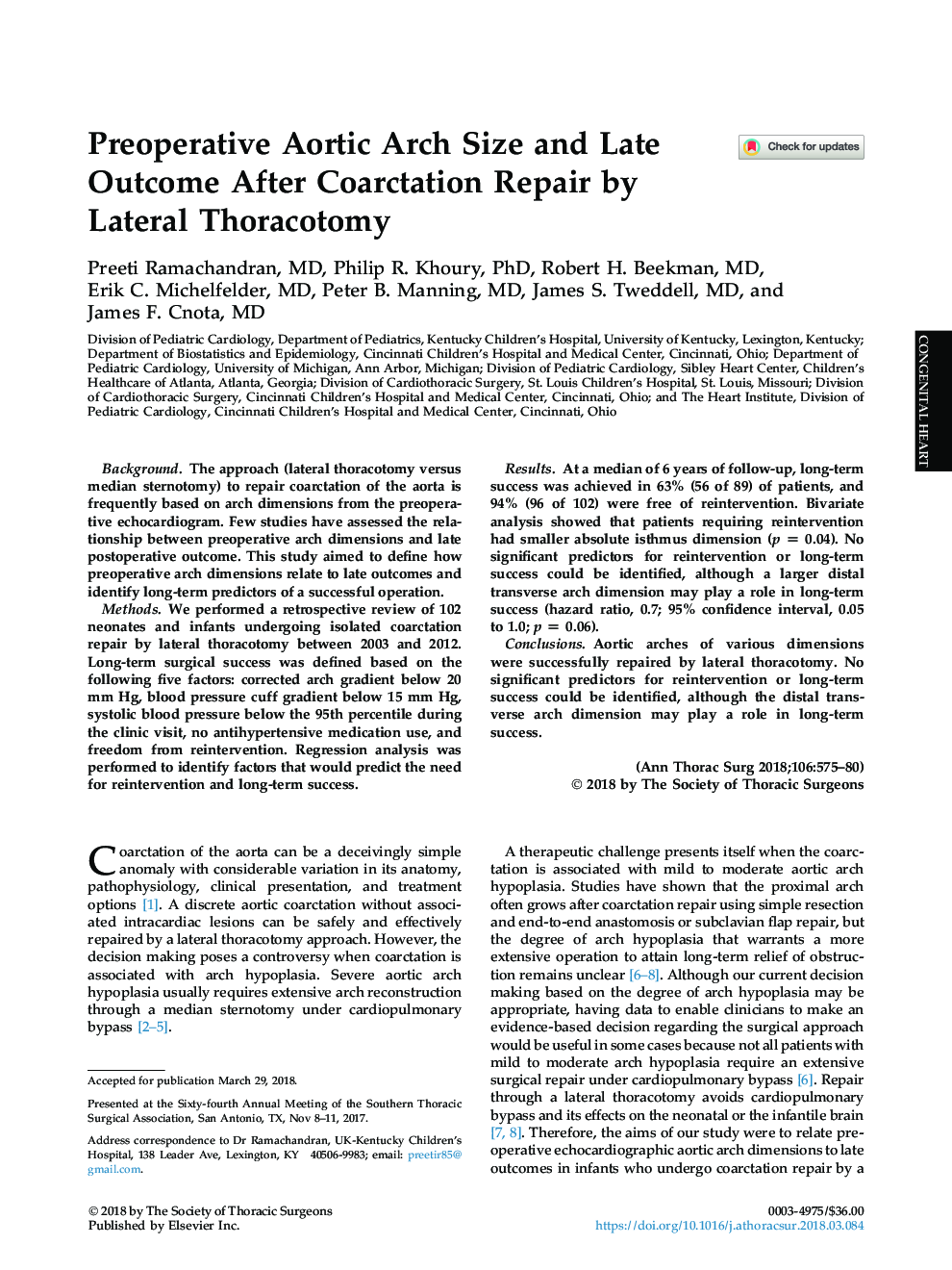 عکس صفحه اول مقاله: Preoperative Aortic Arch Size and Late Outcome After Coarctation Repair by Lateral Thoracotomy Preoperative Aortic Arch Size and Late Outcome After Coarctation Repair by Lateral Thoracotomy