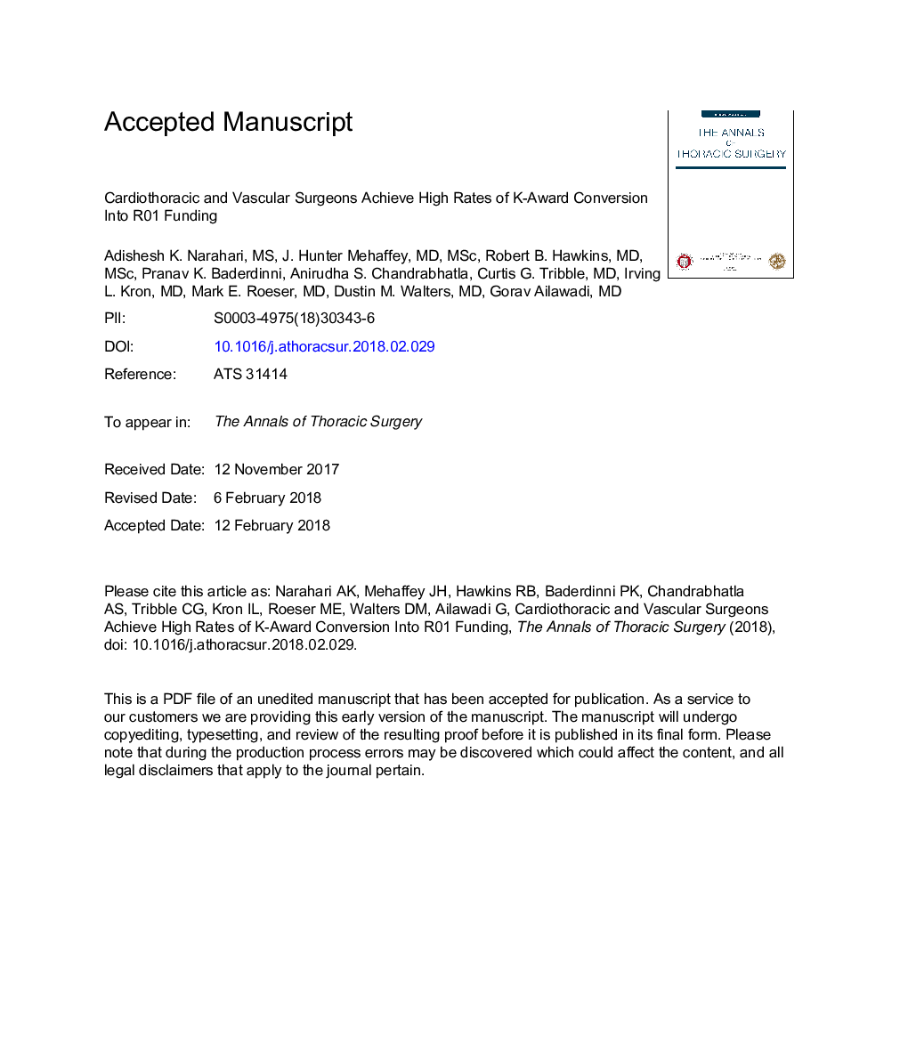 عکس صفحه اول مقاله: Cardiothoracic and Vascular Surgeons Achieve High Rates of K Award Conversion Into R01 Funding Cardiothoracic and Vascular Surgeons Achieve High Rates of K Award Conversion Into R01 Funding