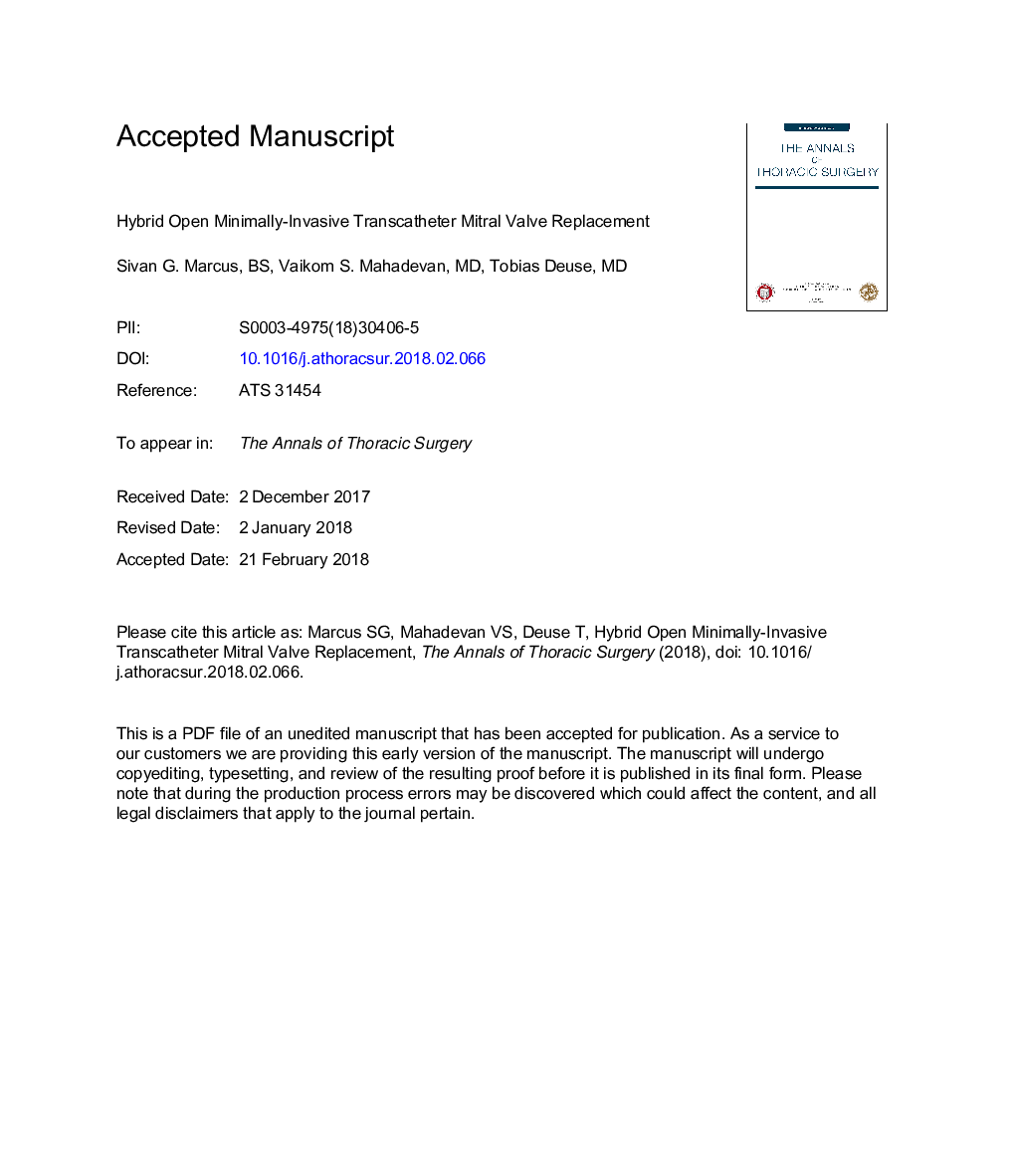 عکس صفحه اول مقاله: Hybrid Open Minimally Invasive Transcatheter Mitral Valve Replacement Hybrid Open Minimally Invasive Transcatheter Mitral Valve Replacement