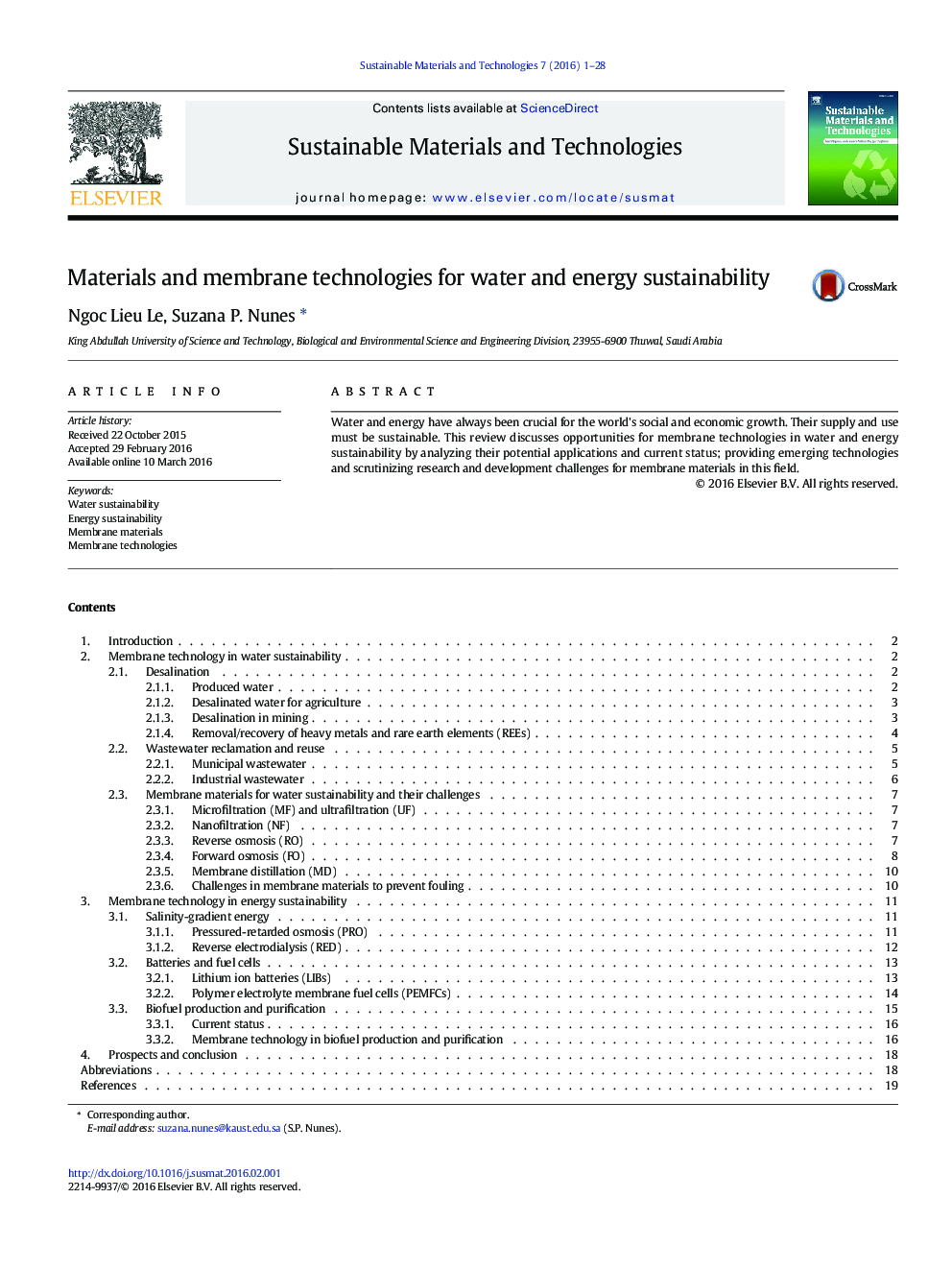 Materials and membrane technologies for water and energy sustainability