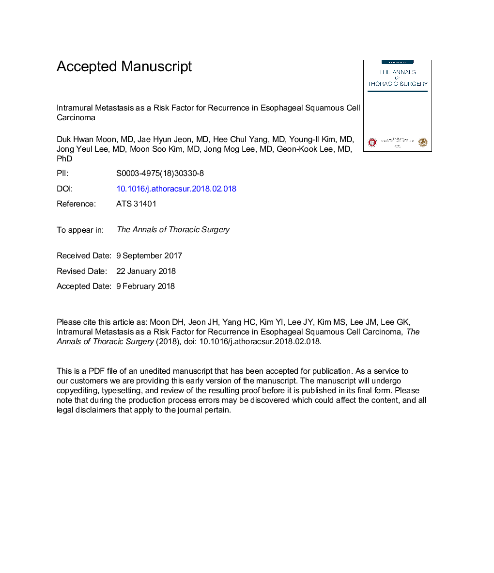 Intramural Metastasis as a Risk Factor for Recurrence in Esophageal Squamous Cell Carcinoma