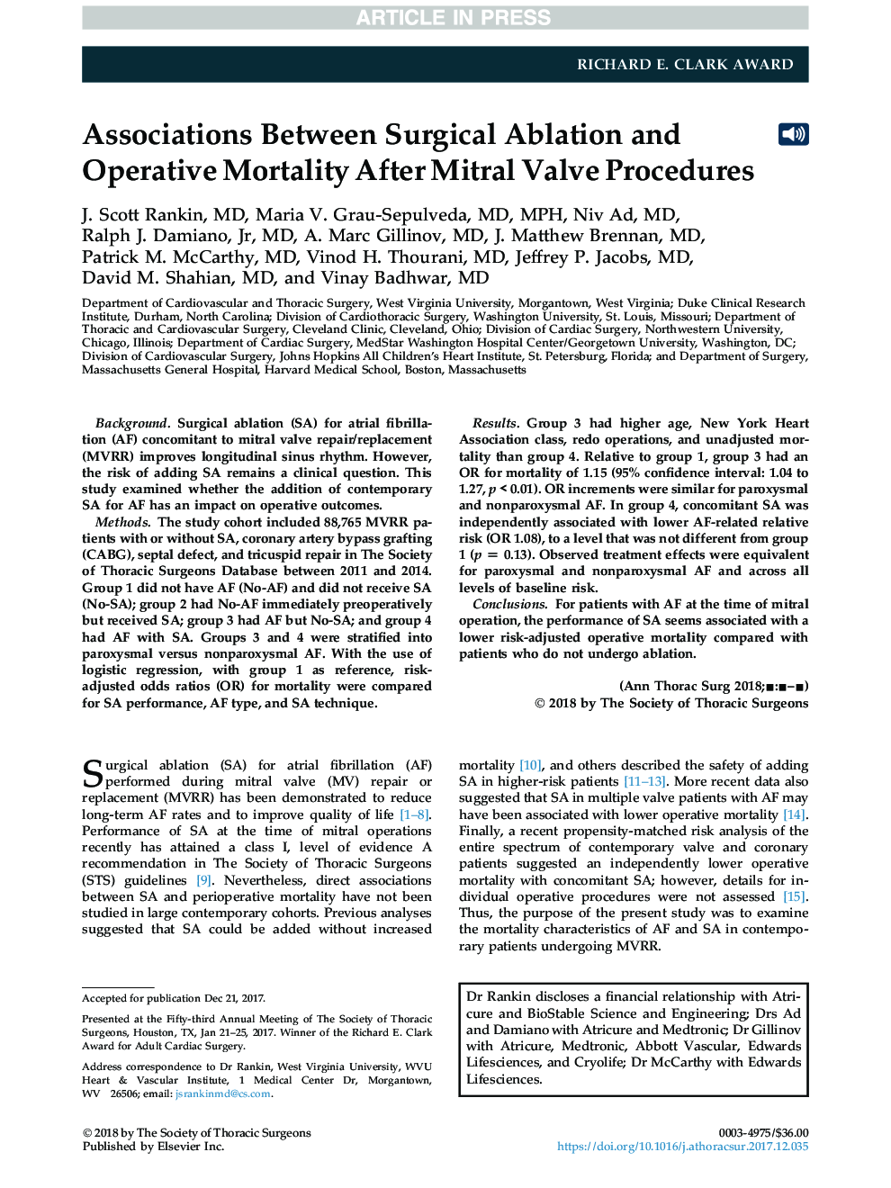 عکس صفحه اول مقاله: Associations Between Surgical Ablation and Operative Mortality After Mitral Valve Procedures Associations Between Surgical Ablation and Operative Mortality After Mitral Valve Procedures
