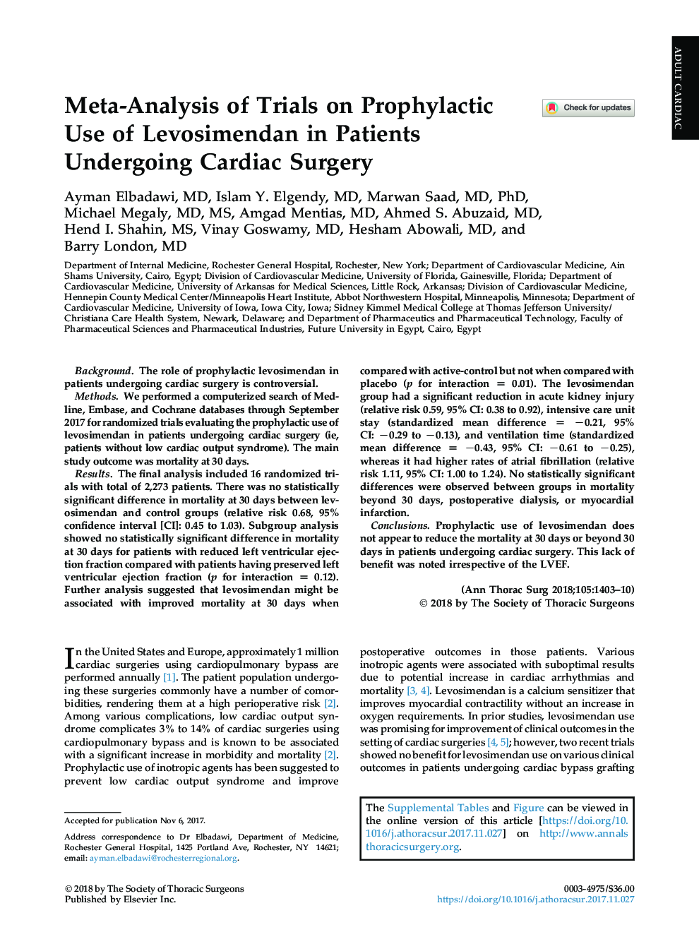 Meta-Analysis of Trials on Prophylactic Use of Levosimendan in Patients Undergoing Cardiac Surgery