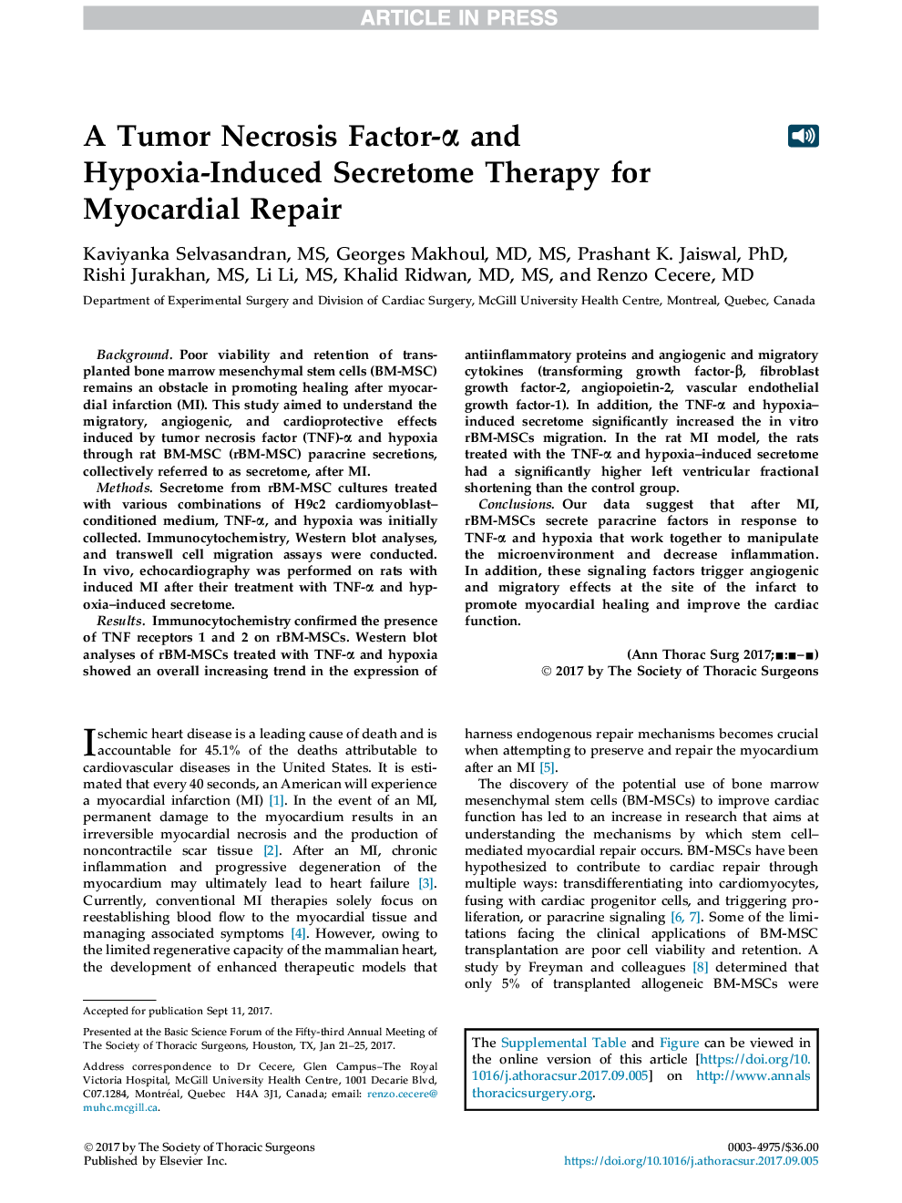 A Tumor Necrosis Factor-Î± and Hypoxia-Induced Secretome Therapy for Myocardial Repair