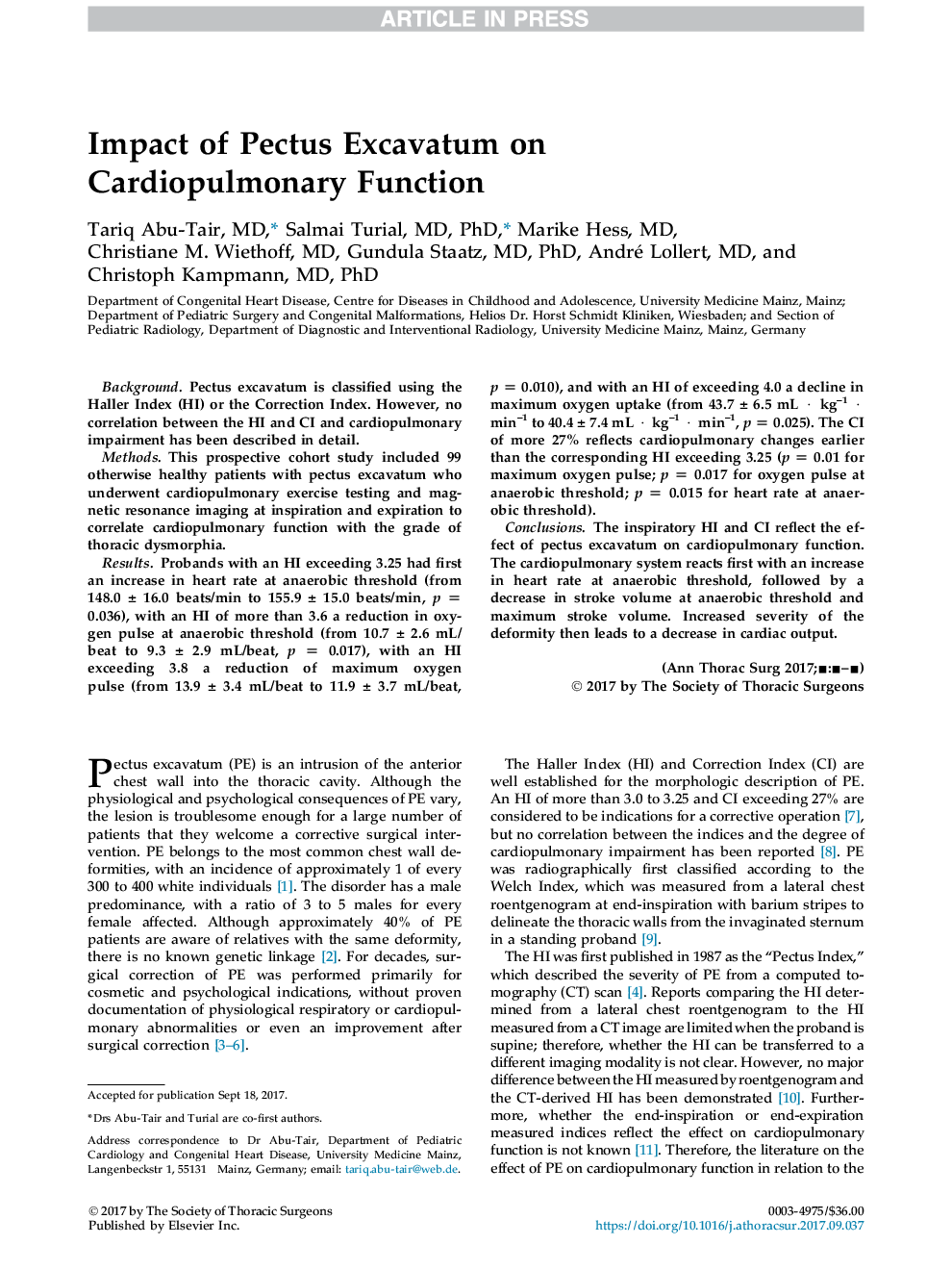 Impact of Pectus Excavatum on Cardiopulmonary Function
