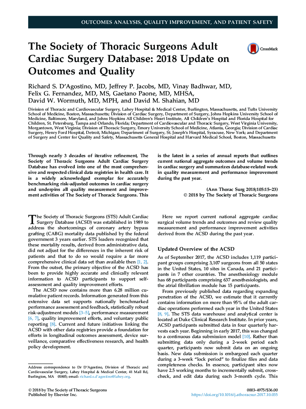 The Society of Thoracic Surgeons Adult Cardiac Surgery Database: 2018 Update on Outcomes and Quality