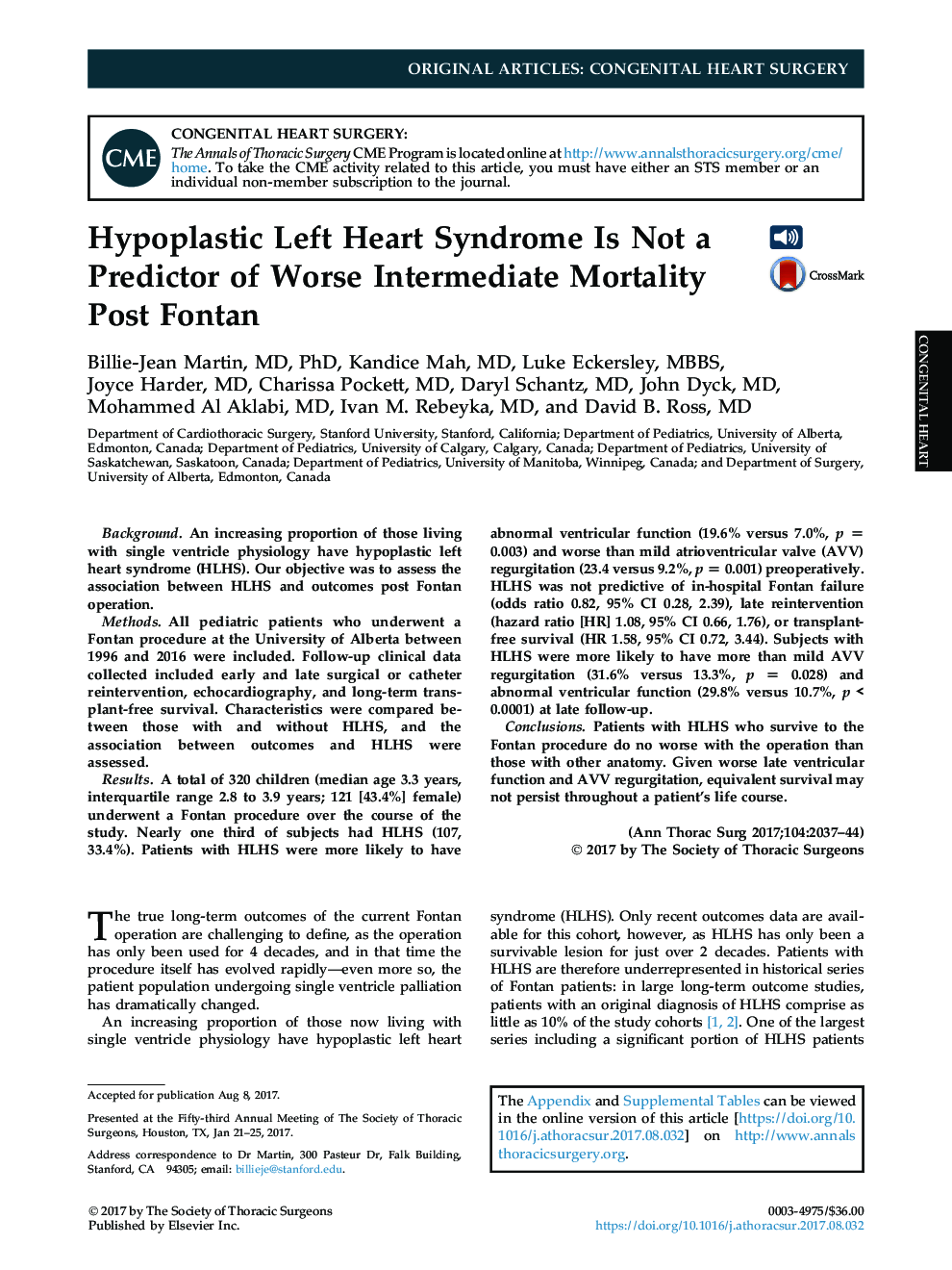 Hypoplastic Left Heart Syndrome Is Not a Predictor of Worse Intermediate Mortality Post Fontan