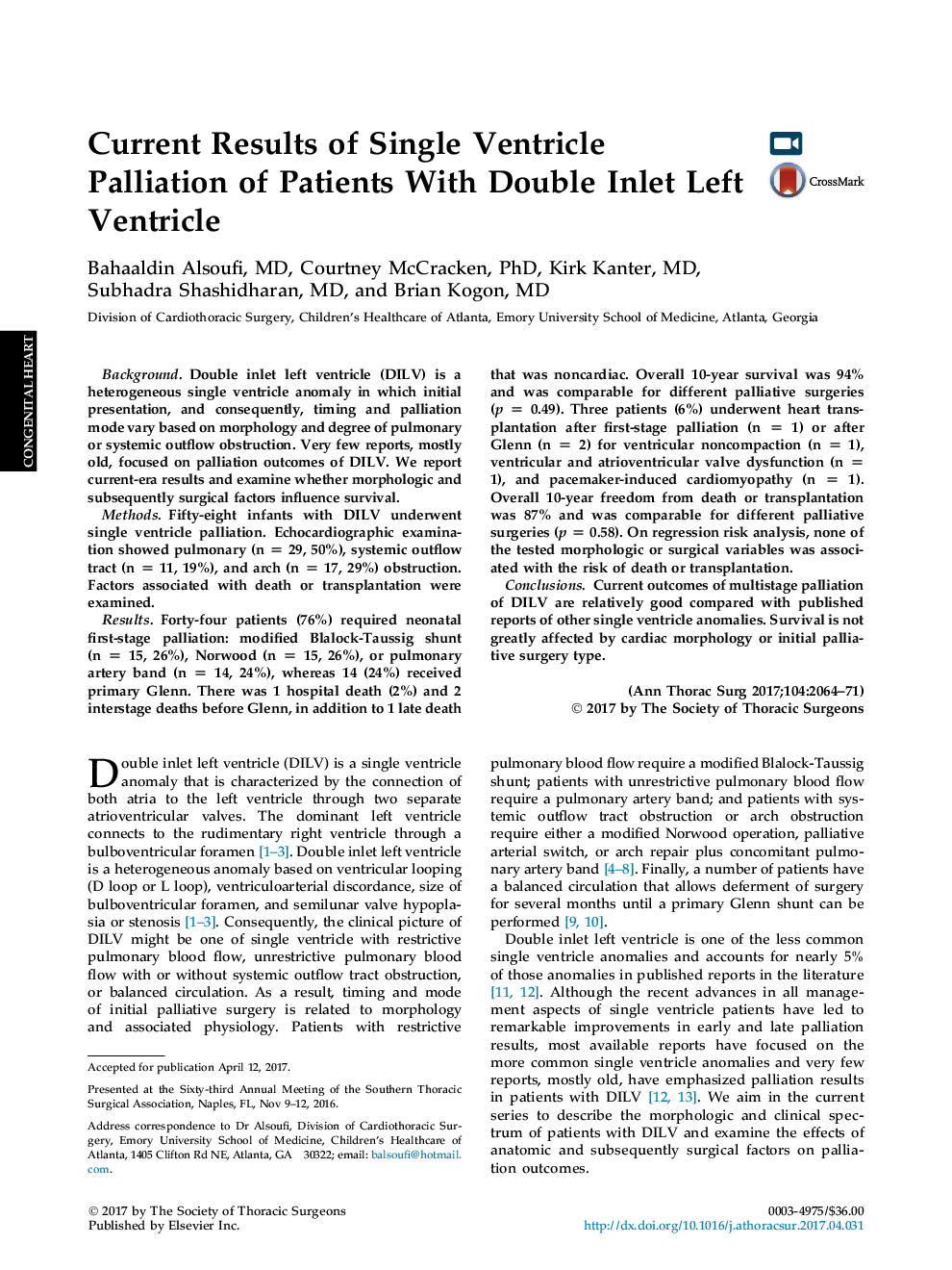 Current Results of Single Ventricle Palliation of Patients With Double Inlet Left Ventricle