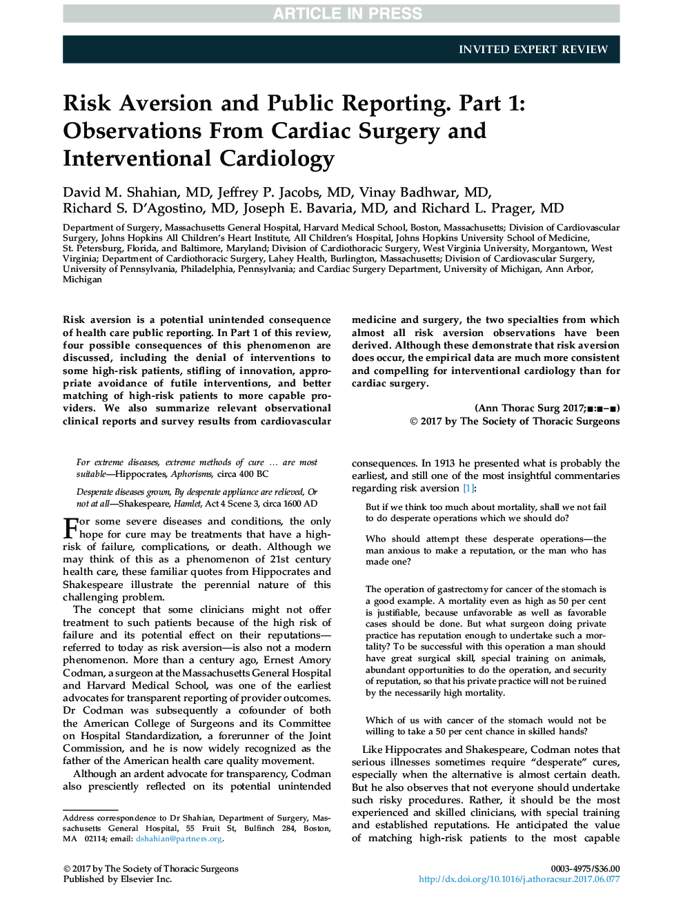 Risk Aversion and Public Reporting. Part 1: Observations From Cardiac Surgery and Interventional Cardiology