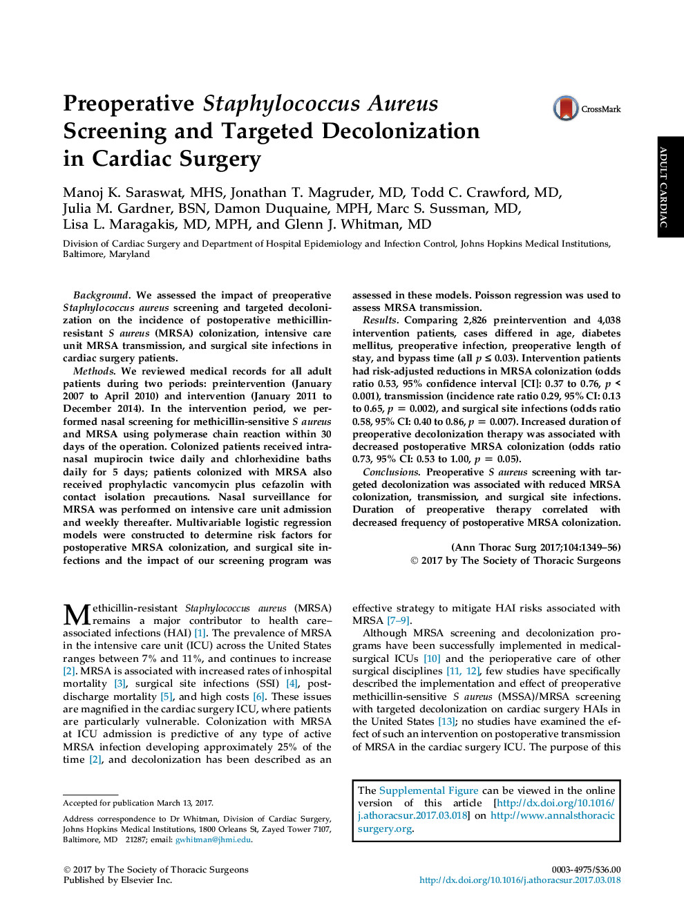 Preoperative Staphylococcus Aureus Screening and Targeted Decolonization in Cardiac Surgery