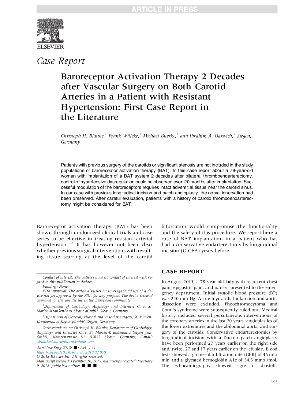 درمان با داروهای ضد بارداری 2 دهه پس از عمل جراحی عروق در هر دو شریان کاروتید در بیمار مبتلا به فشارخون مقاوم: گزارش موارد اول در ادبیات 