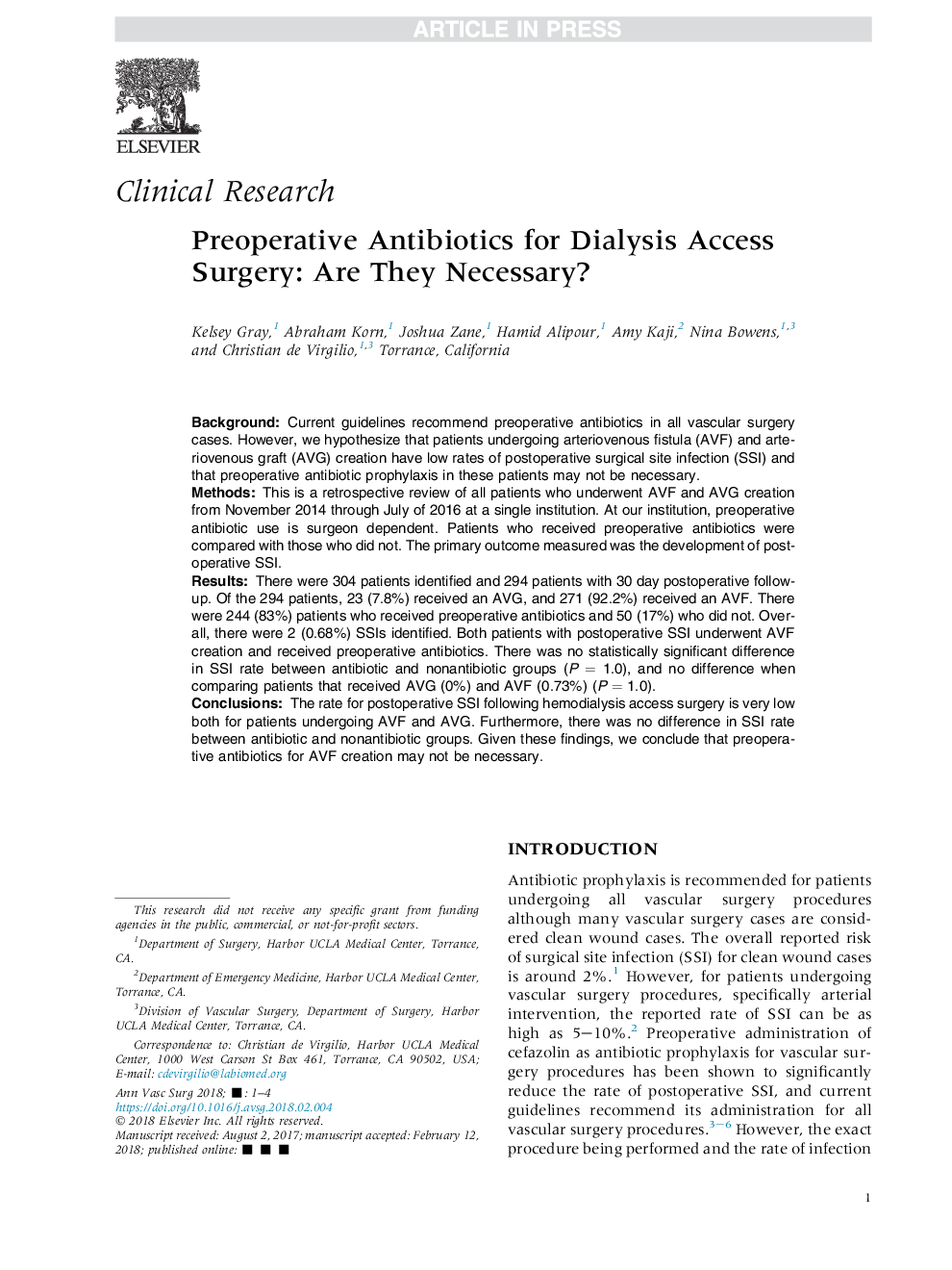 Preoperative Antibiotics for Dialysis Access Surgery: Are They Necessary?