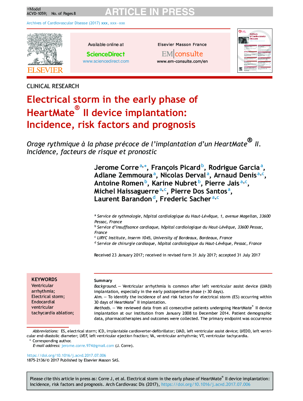 Electrical storm in the early phase of HeartMate® II device implantation: Incidence, risk factors and prognosis