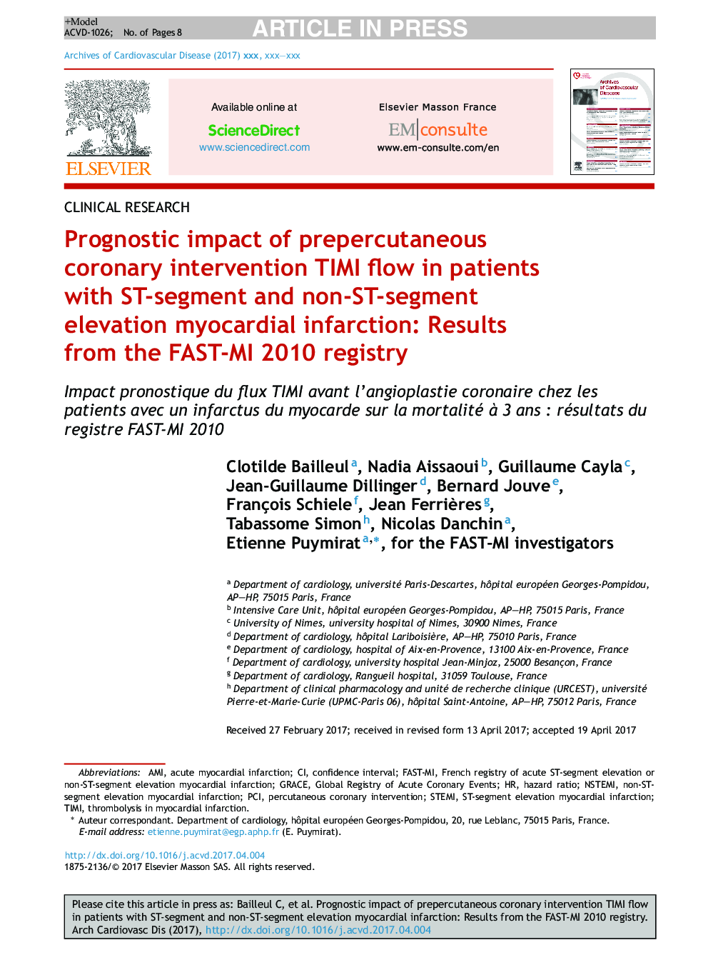 Prognostic impact of prepercutaneous coronary intervention TIMI flow in patients with ST-segment and non-ST-segment elevation myocardial infarction: Results from the FAST-MI 2010 registry