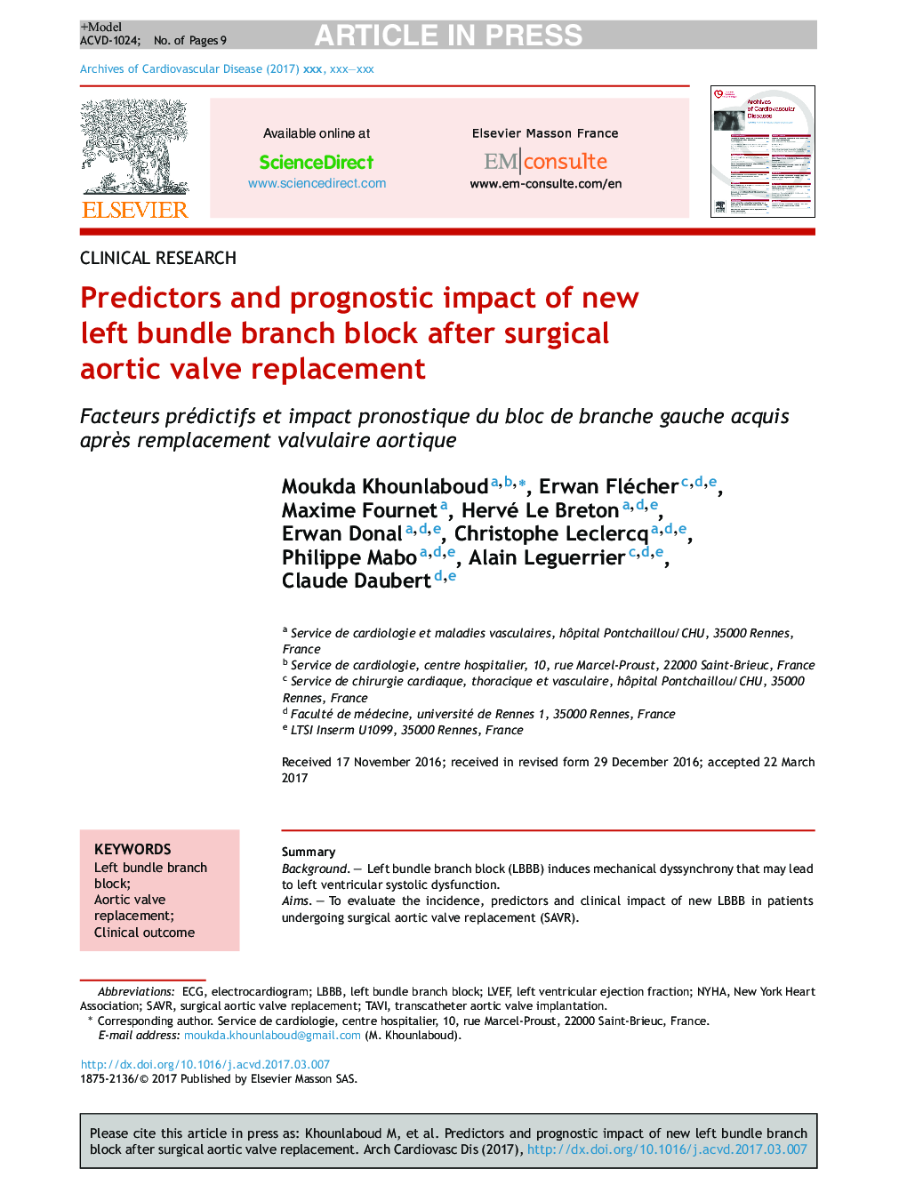 Predictors and prognostic impact of new left bundle branch block after surgical aortic valve replacement