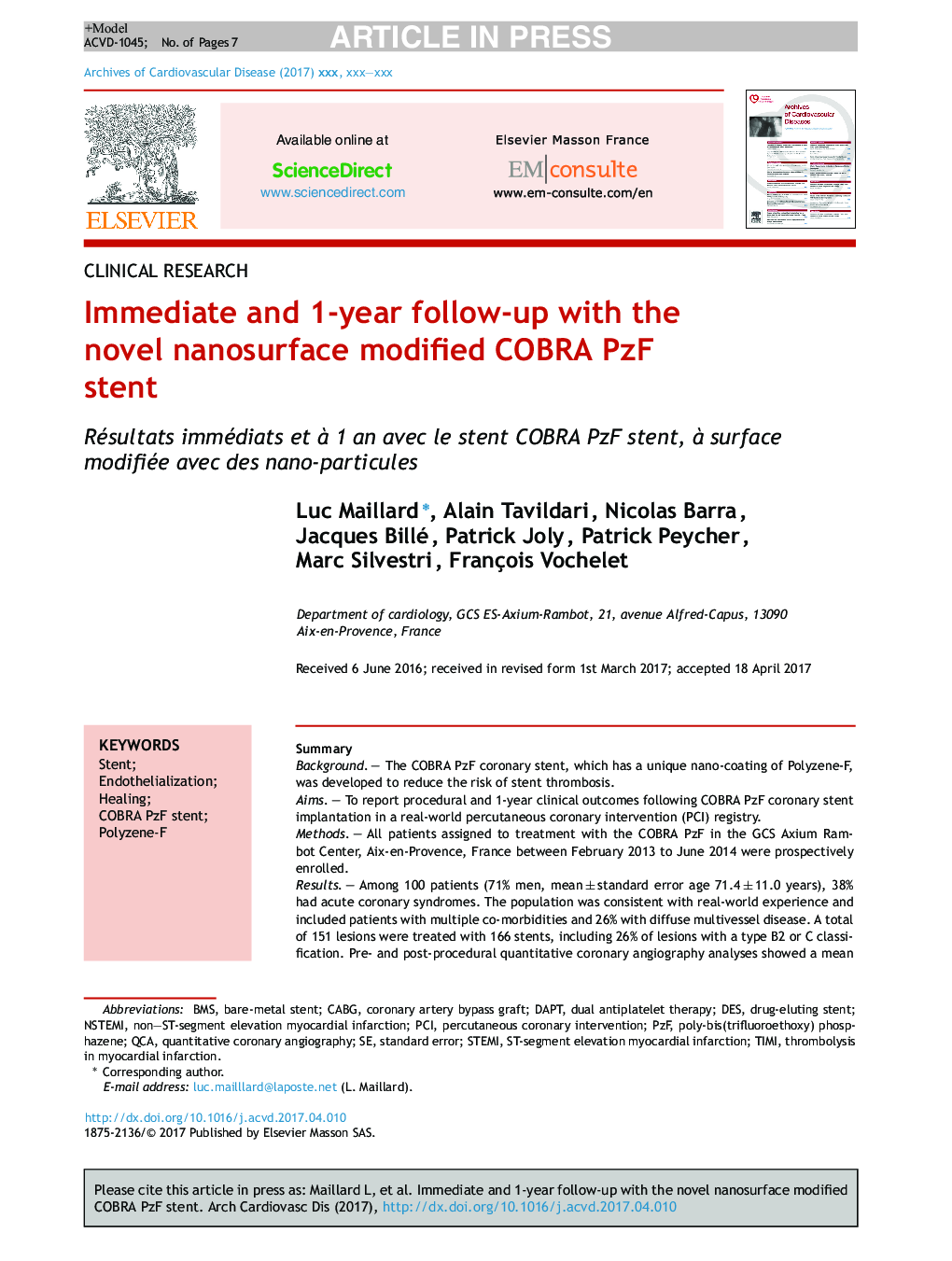 Immediate and 1-year follow-up with the novel nanosurface modified COBRA PzF stent