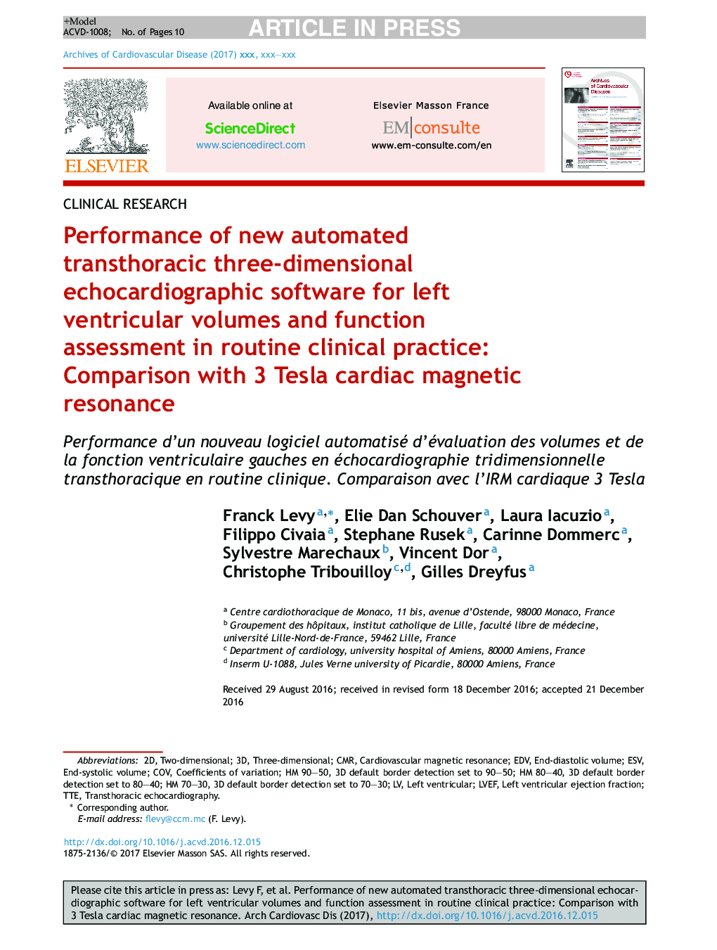 Performance of new automated transthoracic three-dimensional echocardiographic software for left ventricular volumes and function assessment in routine clinical practice: Comparison with 3Â Tesla cardiac magnetic resonance