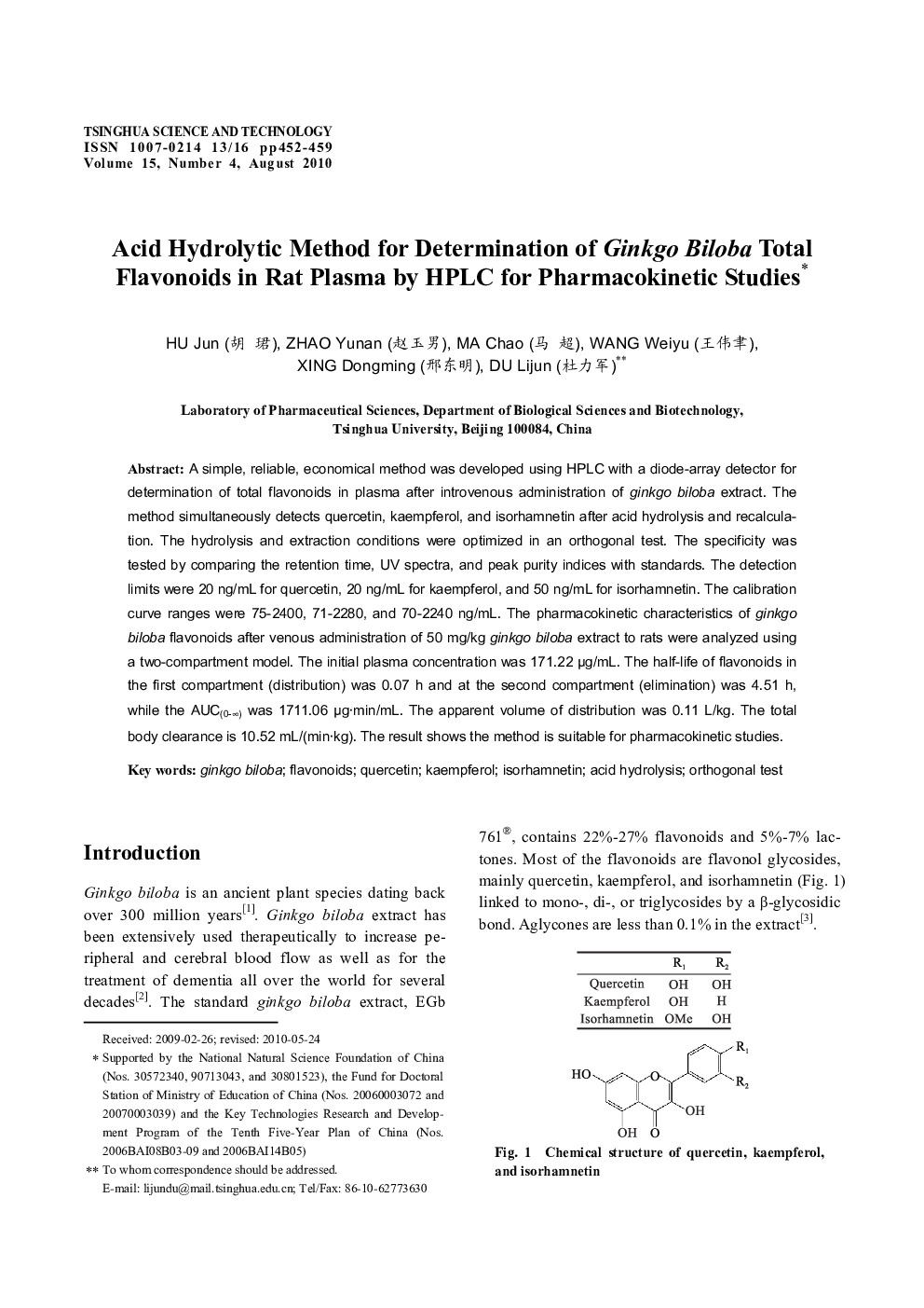 Acid Hydrolytic Method for Determination of Ginkgo Biloba Total Flavonoids in Rat Plasma by HPLC for Pharmacokinetic Studies