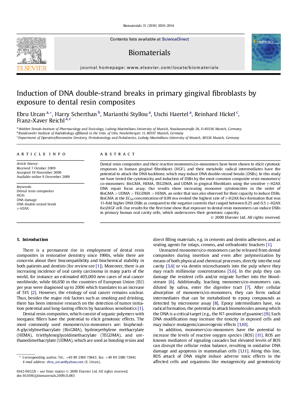 Induction of DNA double-strand breaks in primary gingival fibroblasts by exposure to dental resin composites