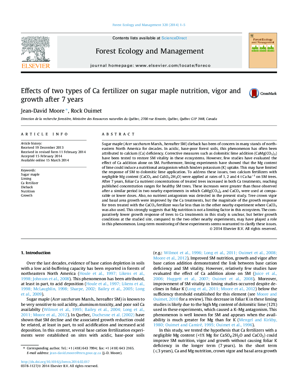 Effects of two types of Ca fertilizer on sugar maple nutrition, vigor and growth after 7 years